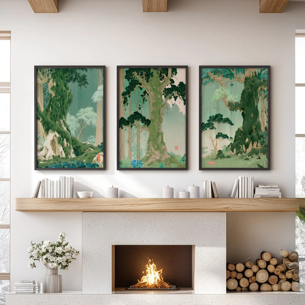Japanese forest landscape wall art, a three-piece set in black frames, hangs over the mantelpiece in a sitting room.