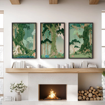 Japanese forest landscape wall art, a three-piece set in black frames, hangs over the mantelpiece in a sitting room.