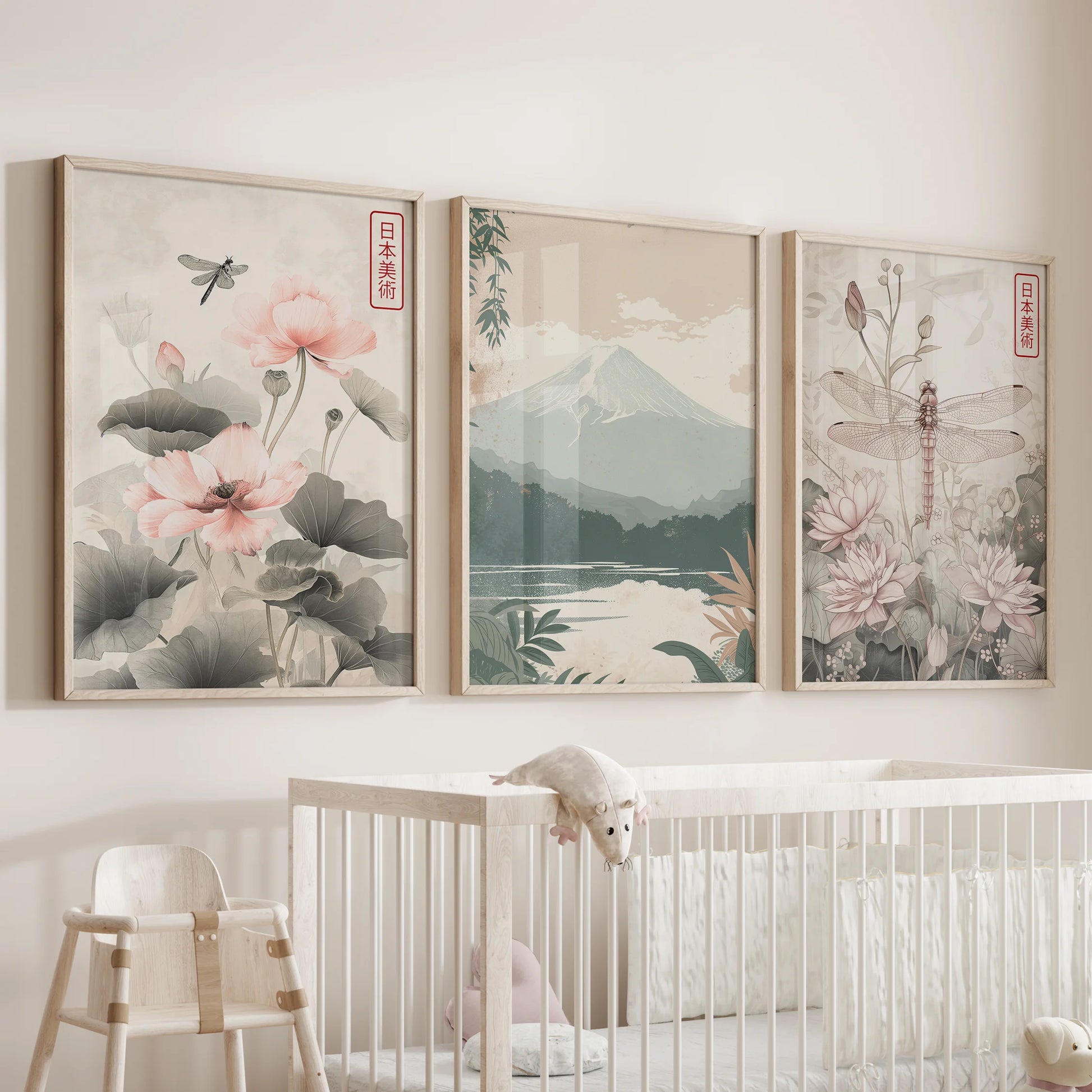 Lotus flower three-print set in warm wooden frames, hung above the bassinet to lend gentle color and Zen simplicity to the infant room wall.