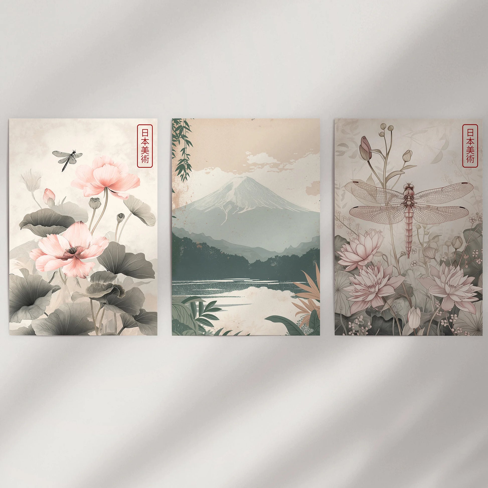 Japandi nature wall art, set of three posters unframed on a plain wall, offering clean lines and airy negative space for a minimalist, modern touch.