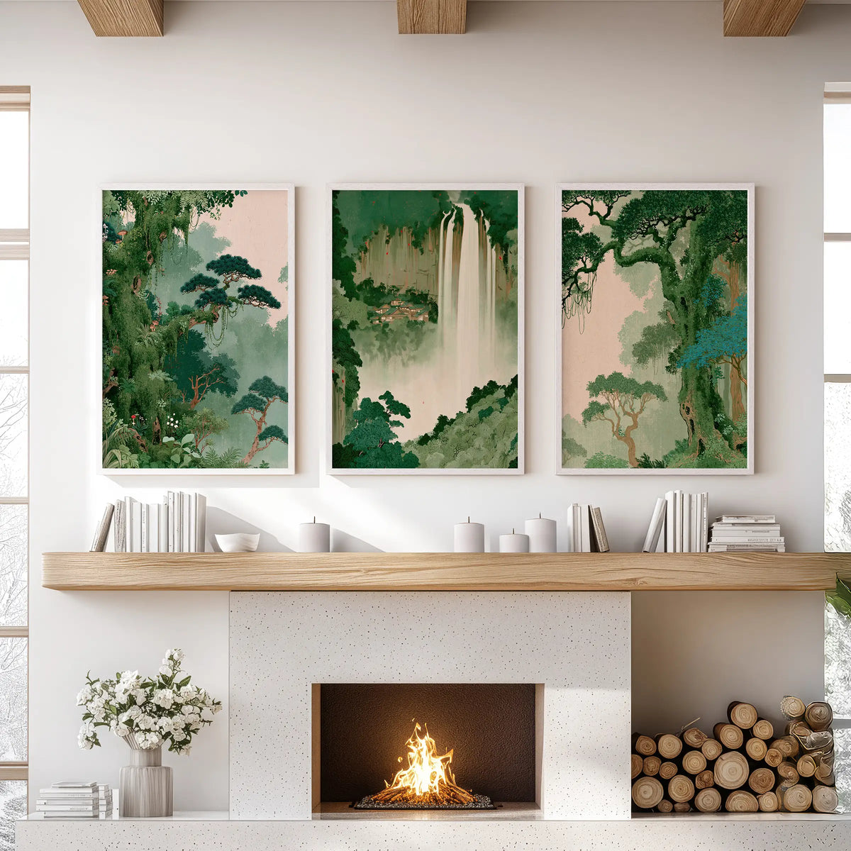 Japanese tree wall art in a three-piece set with white frames, arranged above the fireplace in a lounge with built-in shelving.