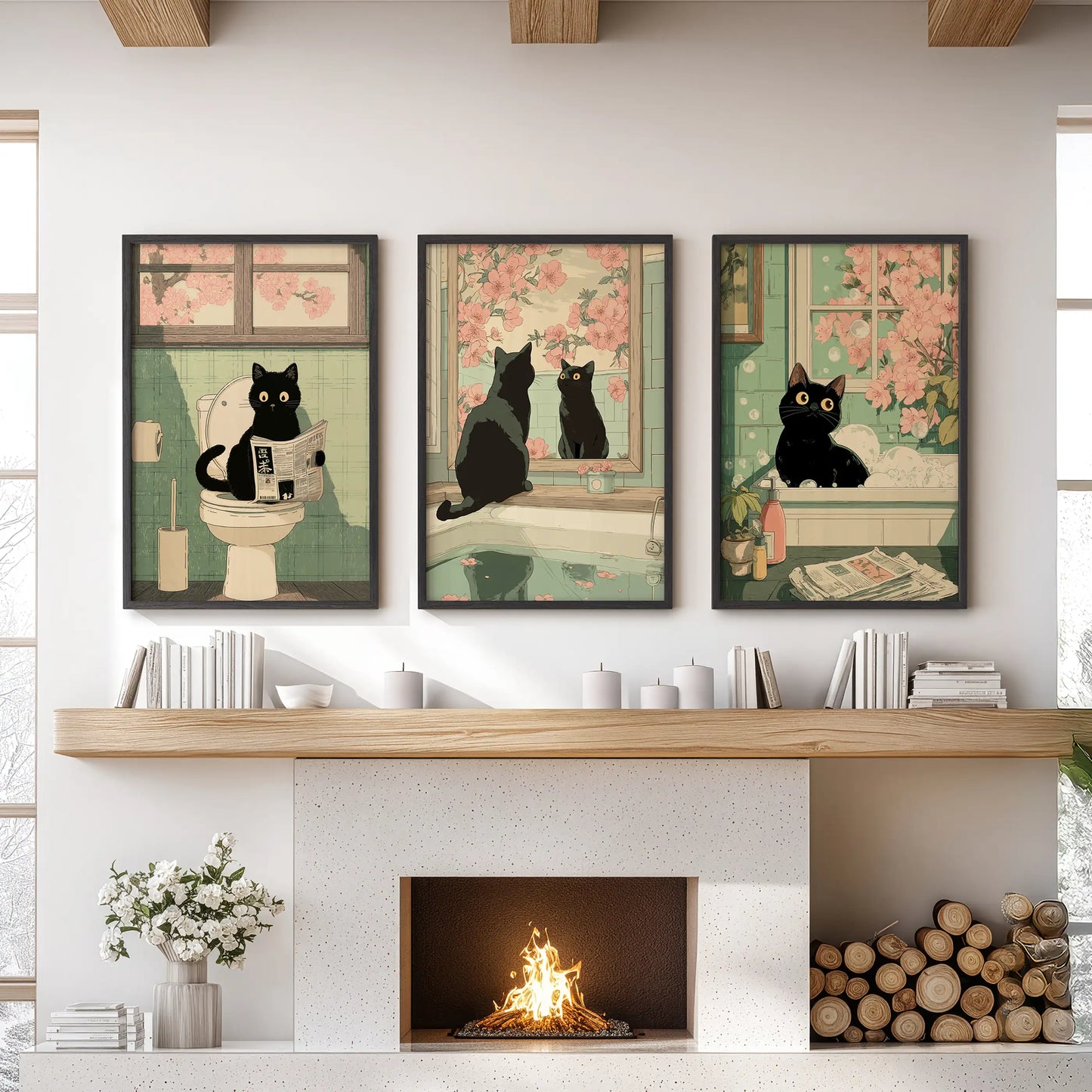 Japanese black cat reading a newspaper on a toilet wall art, three-piece set in black frames, styled for the family room above the mantel.