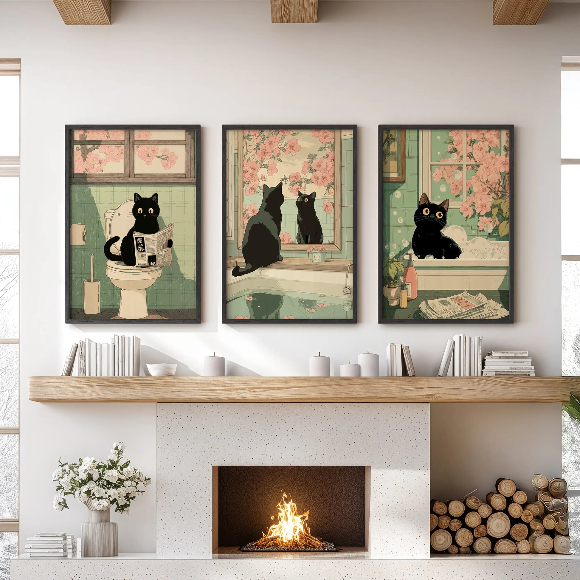 Japanese black cat reading a newspaper on a toilet wall art, three-piece set in black frames, styled for the family room above the mantel.