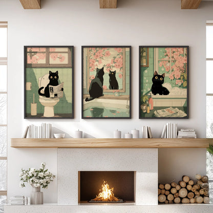 Japanese black cat reading a newspaper on a toilet wall art, three-piece set in black frames, styled for the family room above the mantel.