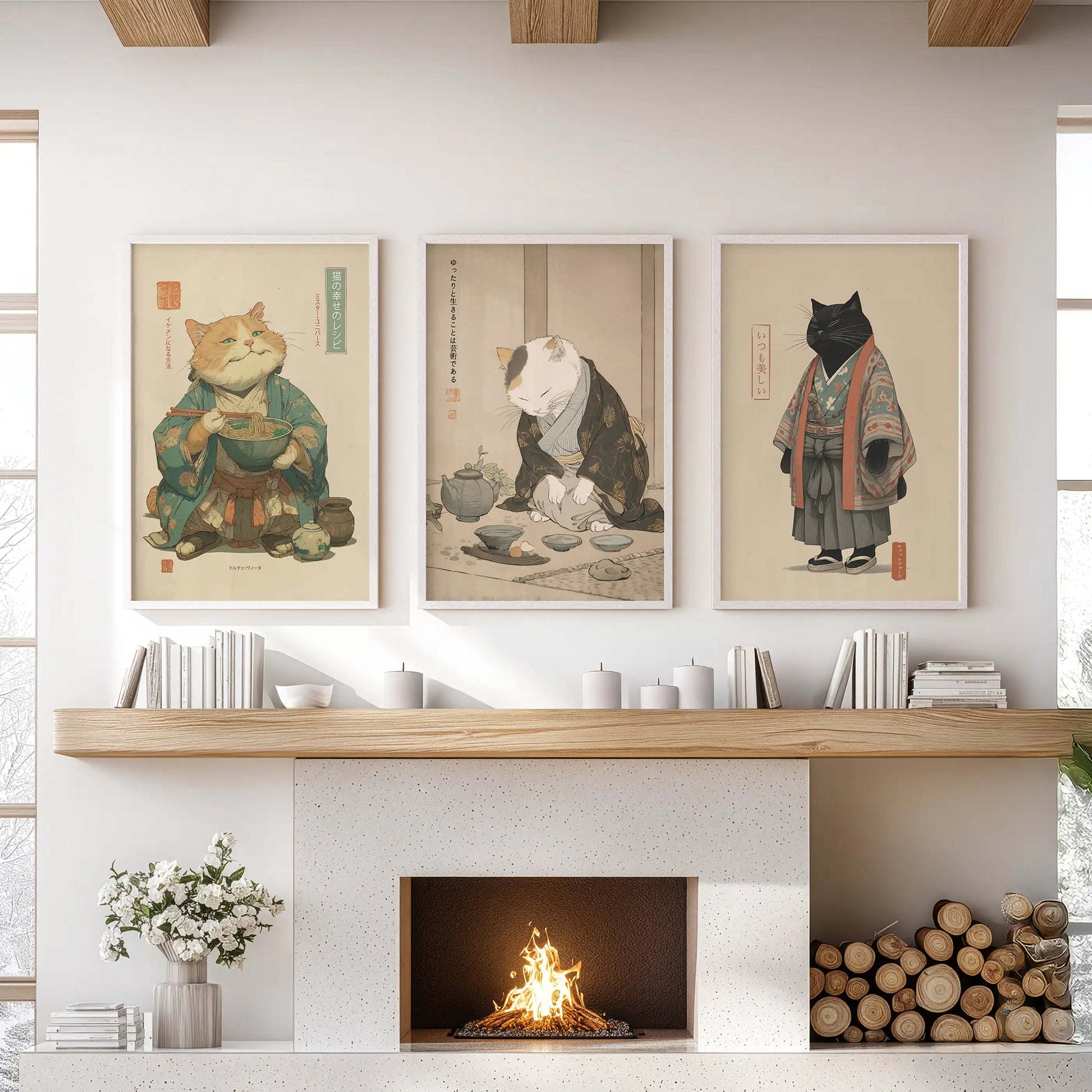 Vintage-style black cat art, a set of three wall pieces in white frames, rests over the lounge hearth and pairs warmth with a touch of Japanese flair.