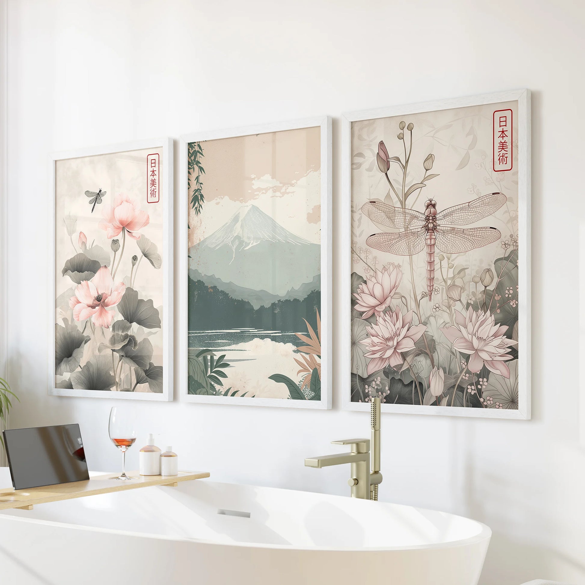 Lotus flower art print set of 3 in crisp white frames, poised on the bathroom wall above the tub to bring a serene, spa-like feeling to the space.