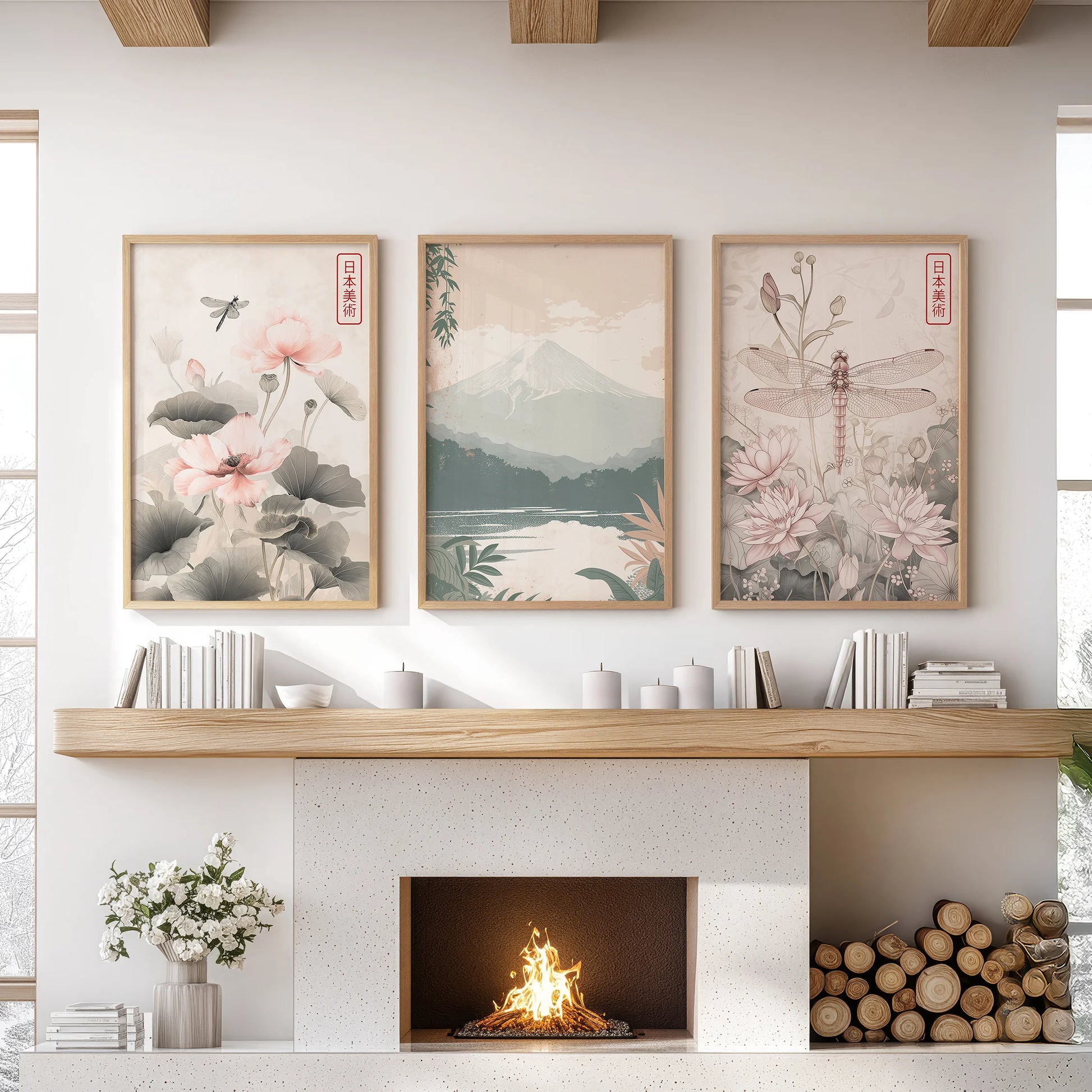 Japanese woodblock landscape wall art, three light-wood framed prints over the sitting room fireplace to form a calm, enduring focal point.