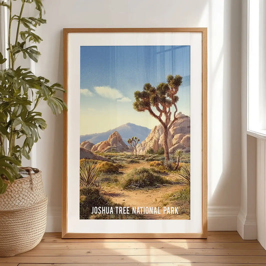 Joshua Tree National Park landscape wall artwork rests in the bedroom, a black frame with matting leaning on the floor and waiting for its spot on the wall.