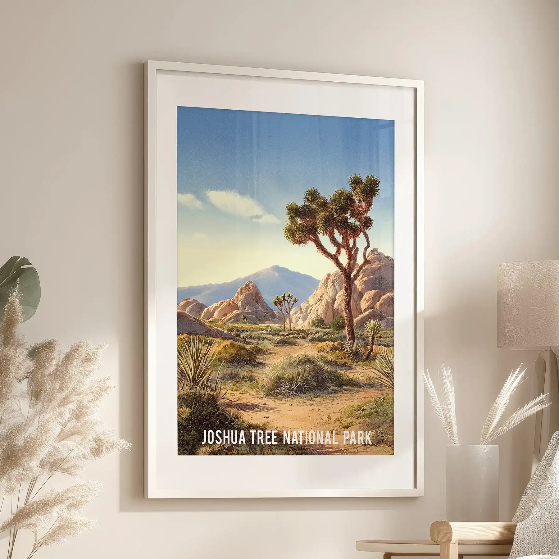 American Southwest retro landscape one-panel wall print centers the lounge, in a white frame with mat set near the reading chair for relaxed viewing.