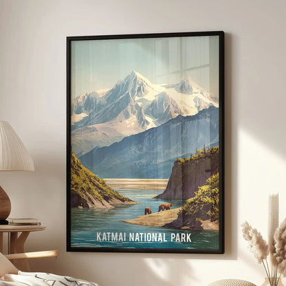 Katmai National Park landscape poster wall art in a black frame, styled for the lounge and set beside a reading chair, bringing Alaska's wild blues and whites.
