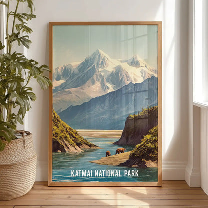Retro Alaska national park scenery home decor print in a natural oak frame, propped against the bedroom wall for a warm contrast to cool glacier hues.