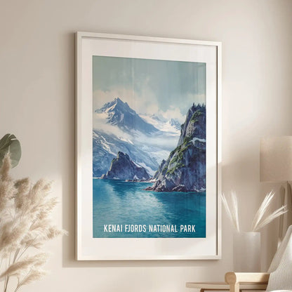 Glacier-blue mountain artwork in a white matted frame hangs beside the accent chair, giving the family room a breezy alpine freshness.