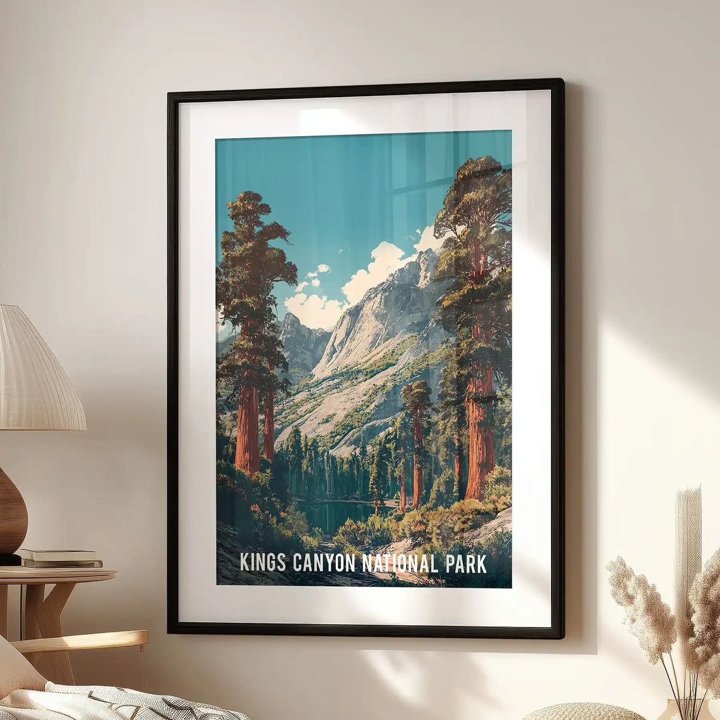 This single landscape print of Kings River canyon, matted in black, hangs over an accent chair to give the lounge an easy, cool rhythm.