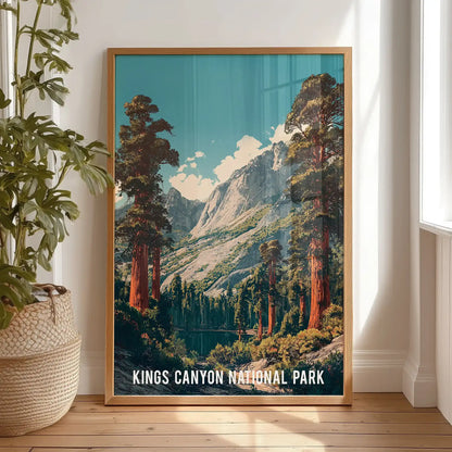 Sierra Nevada mountains wall art in a light oak frame leans on the bedroom floor against the wall, a warm, natural accent ready to hang.