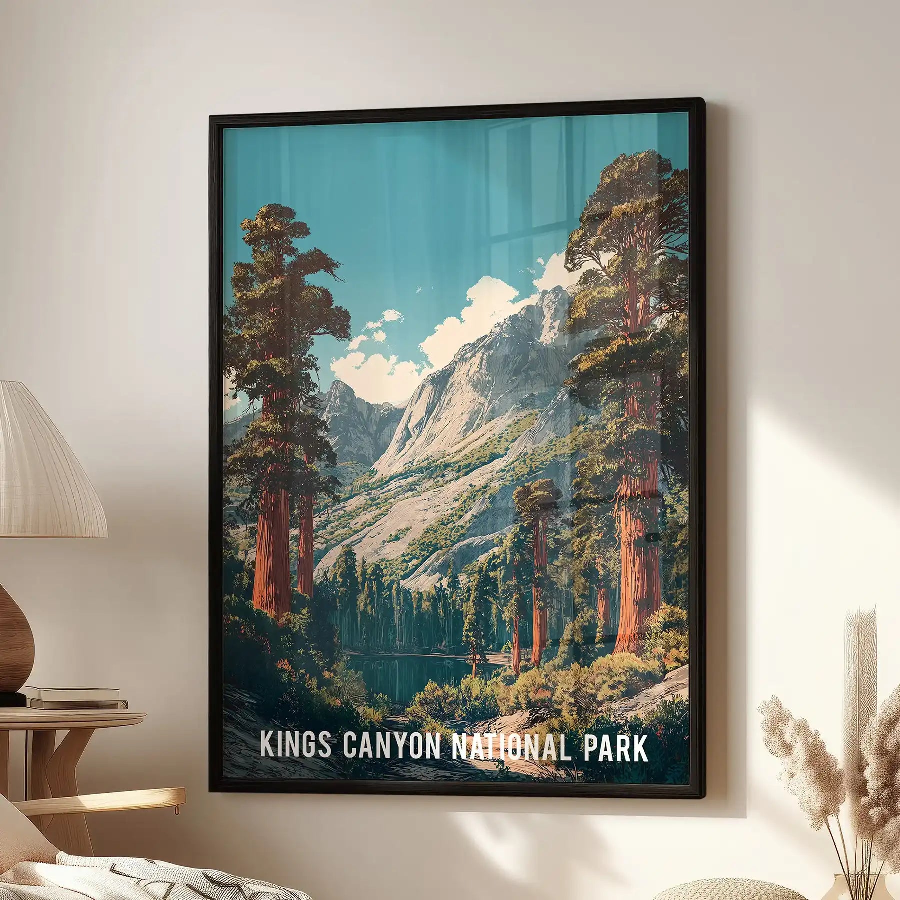 A black-framed poster of the Sierra Nevada mountains anchors the family room near a reading chair, crisp and vivid against soft décor.