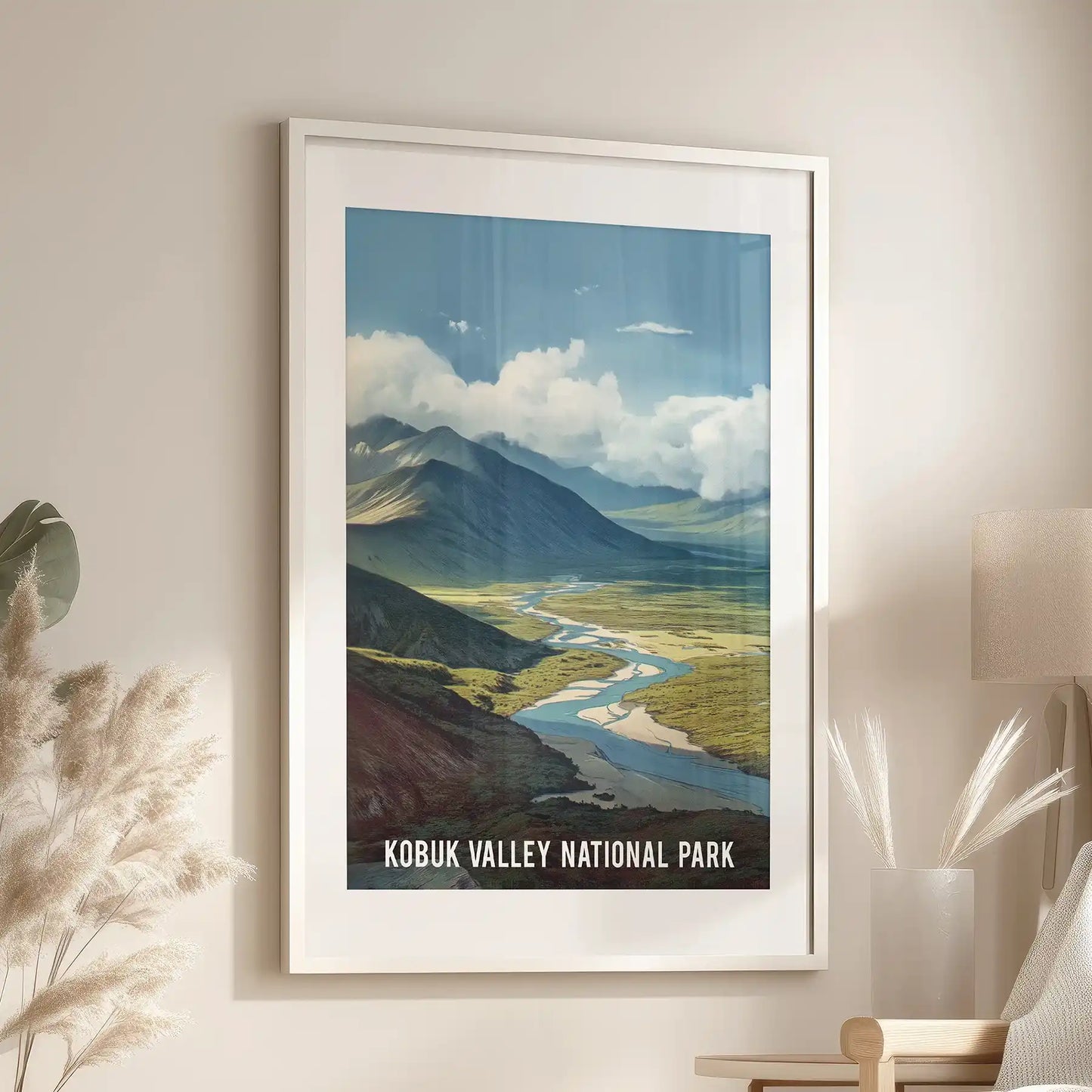 Alaska river landscape individual wall art, set in a white frame with mat and placed above the chair in the family room, adds cool, piney stillness.