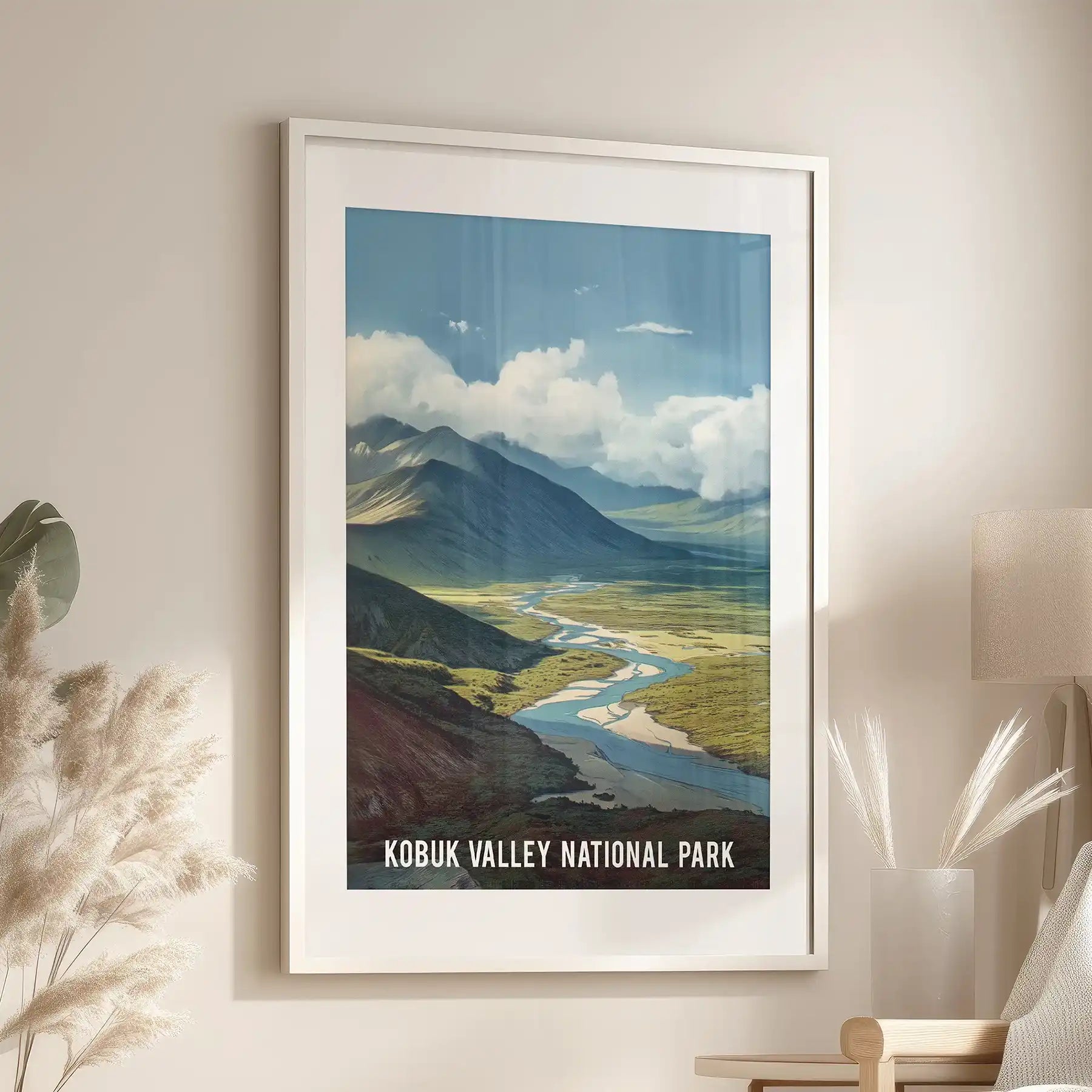 Alaska river landscape individual wall art, set in a white frame with mat and placed above the chair in the family room, adds cool, piney stillness.
