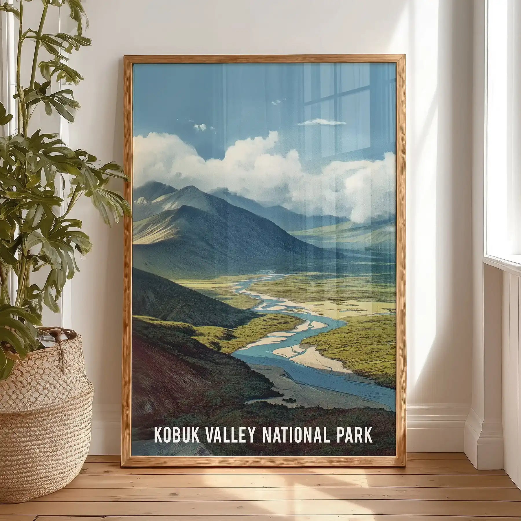 Kobuk Valley wilderness statement wall art arrives as an oak framed print, standing against the bedroom wall with earthy greens and far-off ridgelines.