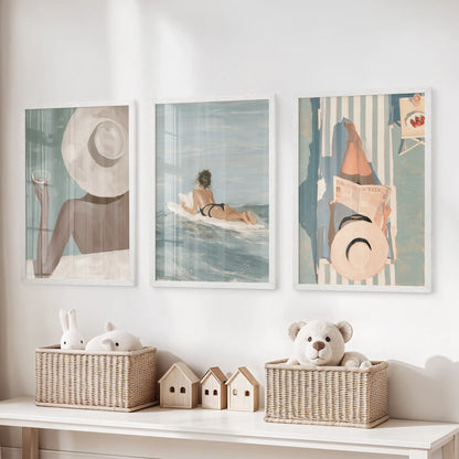 La Dolce Vita set of 3 wall prints hangs over a toy organizer in a playroom, each displayed in a white frame.