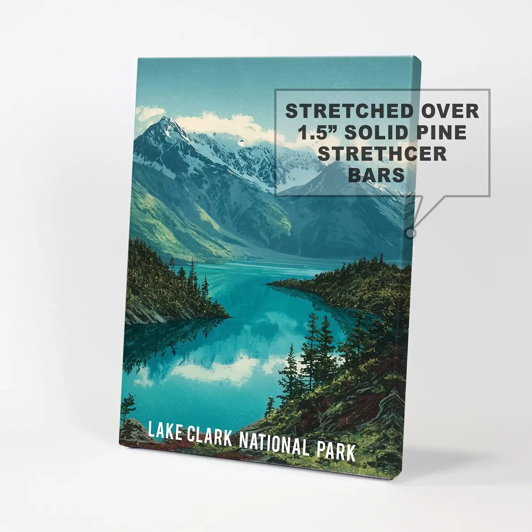 Alpine wilderness scenery wall art on canvas brings rugged Alaska to the room, with sweeping peaks and a blue lake rendered in crisp, gallery texture.