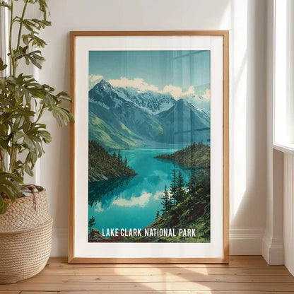 An individual artwork of Mount Redoubt, framed with a black mat, stands by the bedroom window, showing snowy volcanic slopes over Lake Clark.