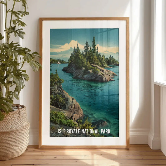 Isle Royale National Park statement poster in a black matted frame, standing against the bedroom wall to highlight rugged pines and cool northern water.