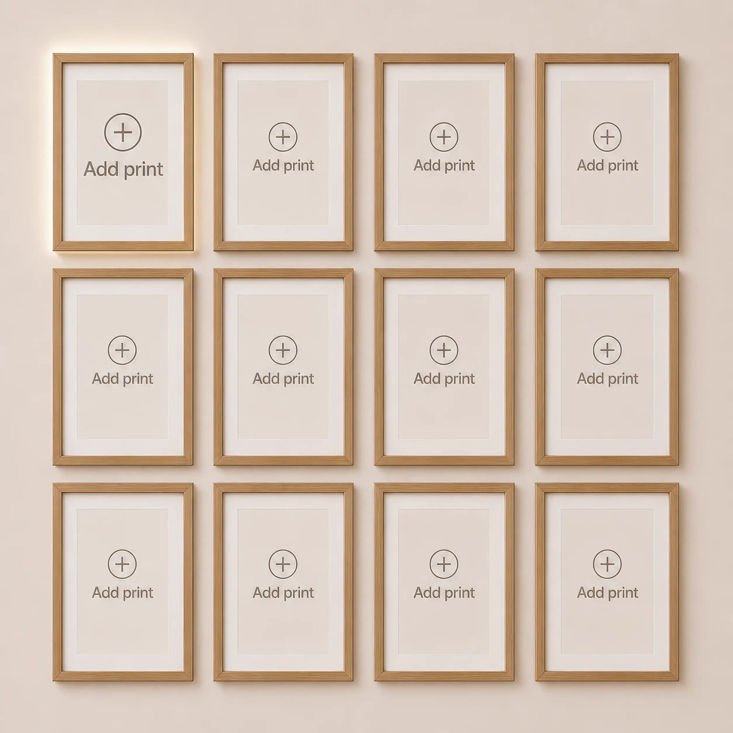 Custom wall art builder displaying twelve empty natural wood frames arranged in four columns and three rows. Build a large gallery wall by selecting matching art prints.