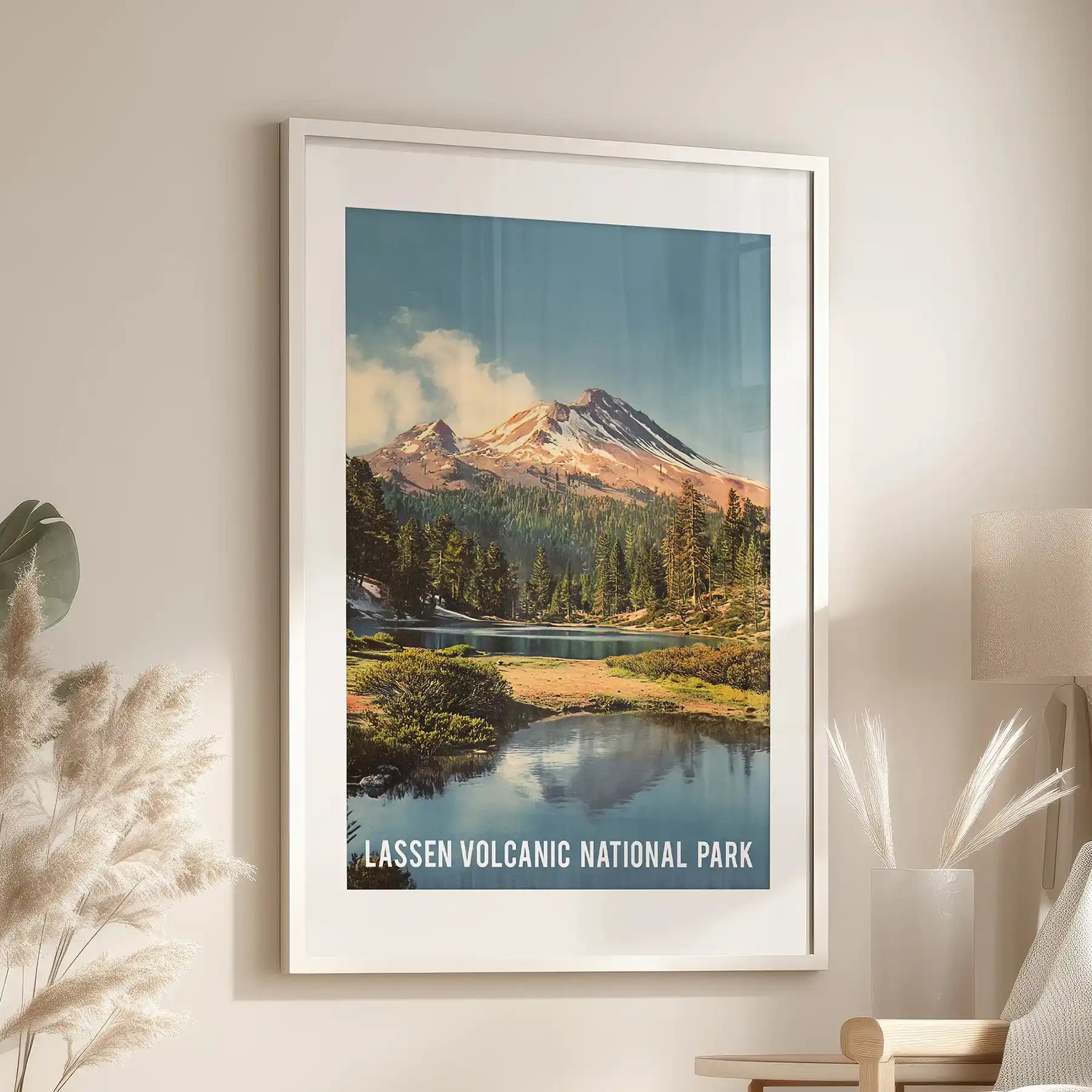 A white-matted framed wall print of California’s volcanic landscape centers the sitting room above the lounge seat with classic park-posters flair.