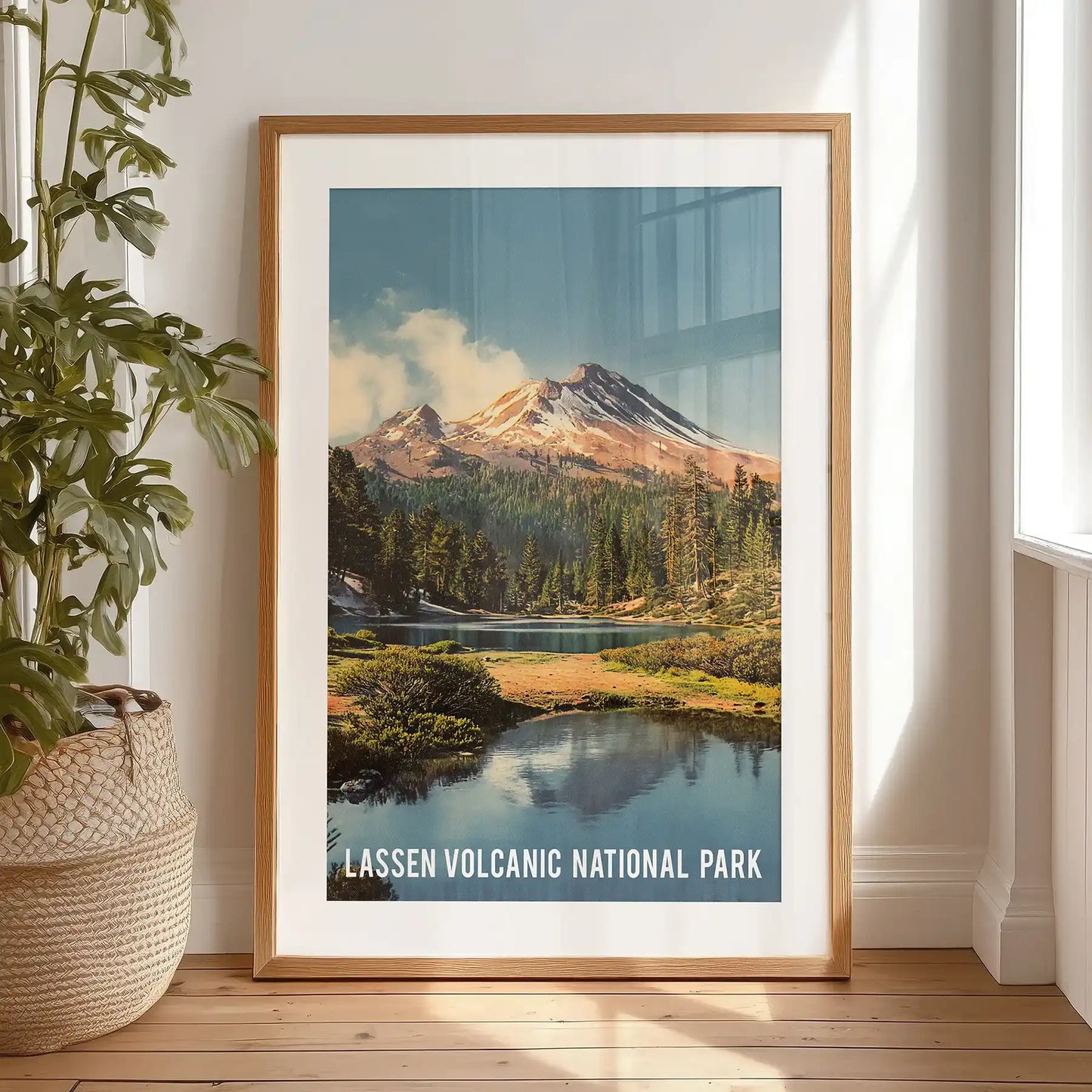 Lassen Volcanic National Park landscape standalone wall art, set in a black frame with matting, props against the bedroom wall with easy elegance.