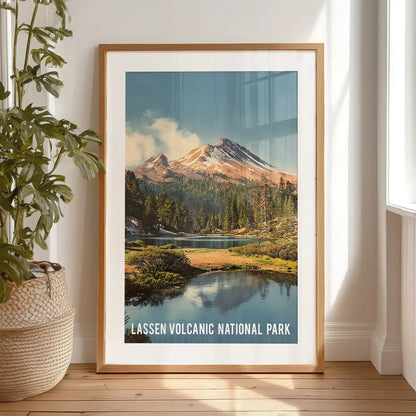 Lassen Volcanic National Park landscape standalone wall art, set in a black frame with matting, props against the bedroom wall with easy elegance.