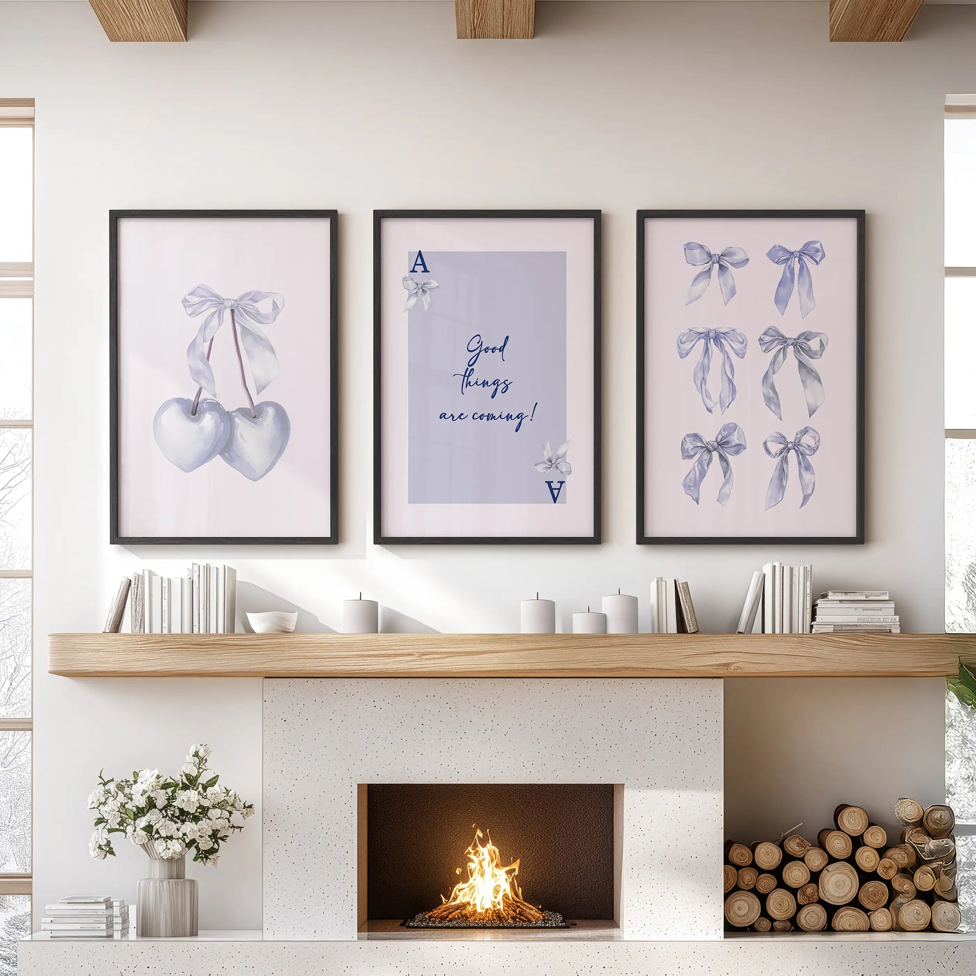 Ace of Hearts playing card wall art, 3-piece set, in light blue tones; black framed prints style a sitting room perfectly when hung over the mantel.