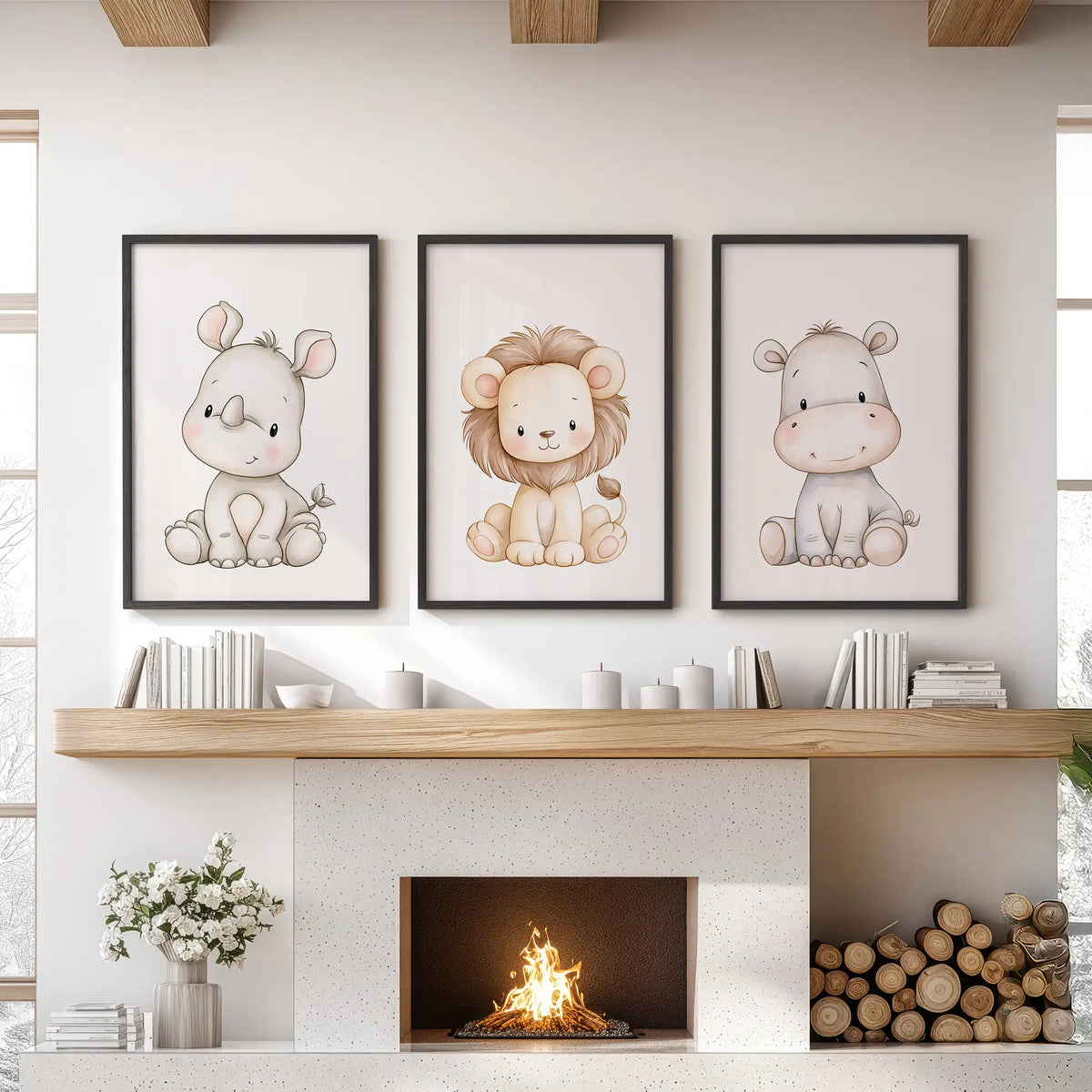 A golden-maned lion sits between a pale rhino and gray hippo in three black-framed prints above a fireplace.