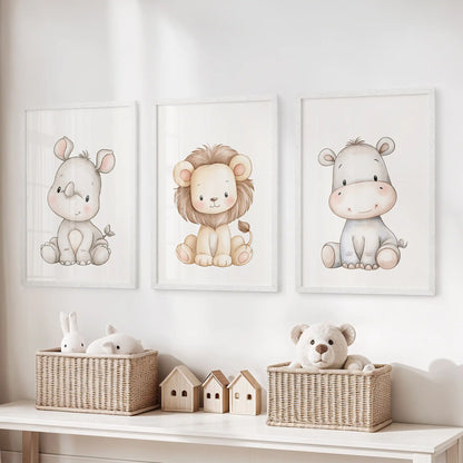 Rhino, lion and hippo prints hang in three white frames above a toy storage bench.
