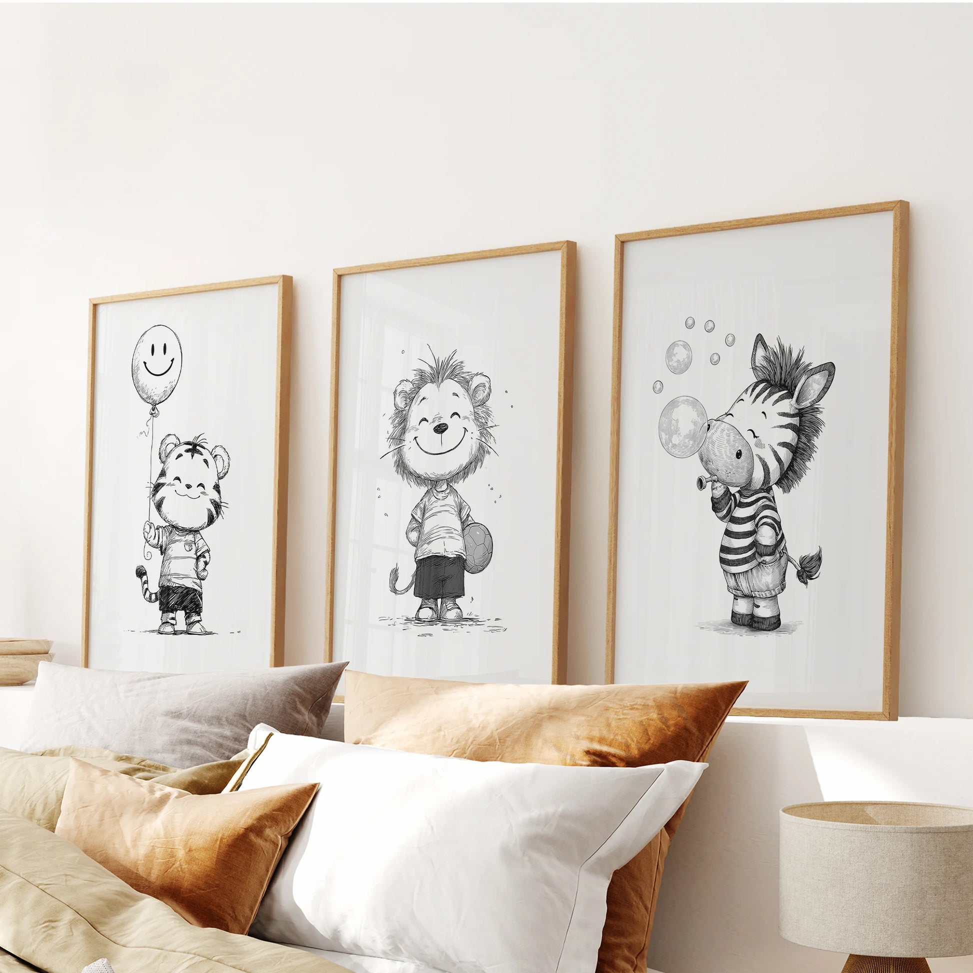 Black-and-white safari animals, a set of 3 artwork in light oak frames, mounted over the bedroom headboard to warm the wall art display.