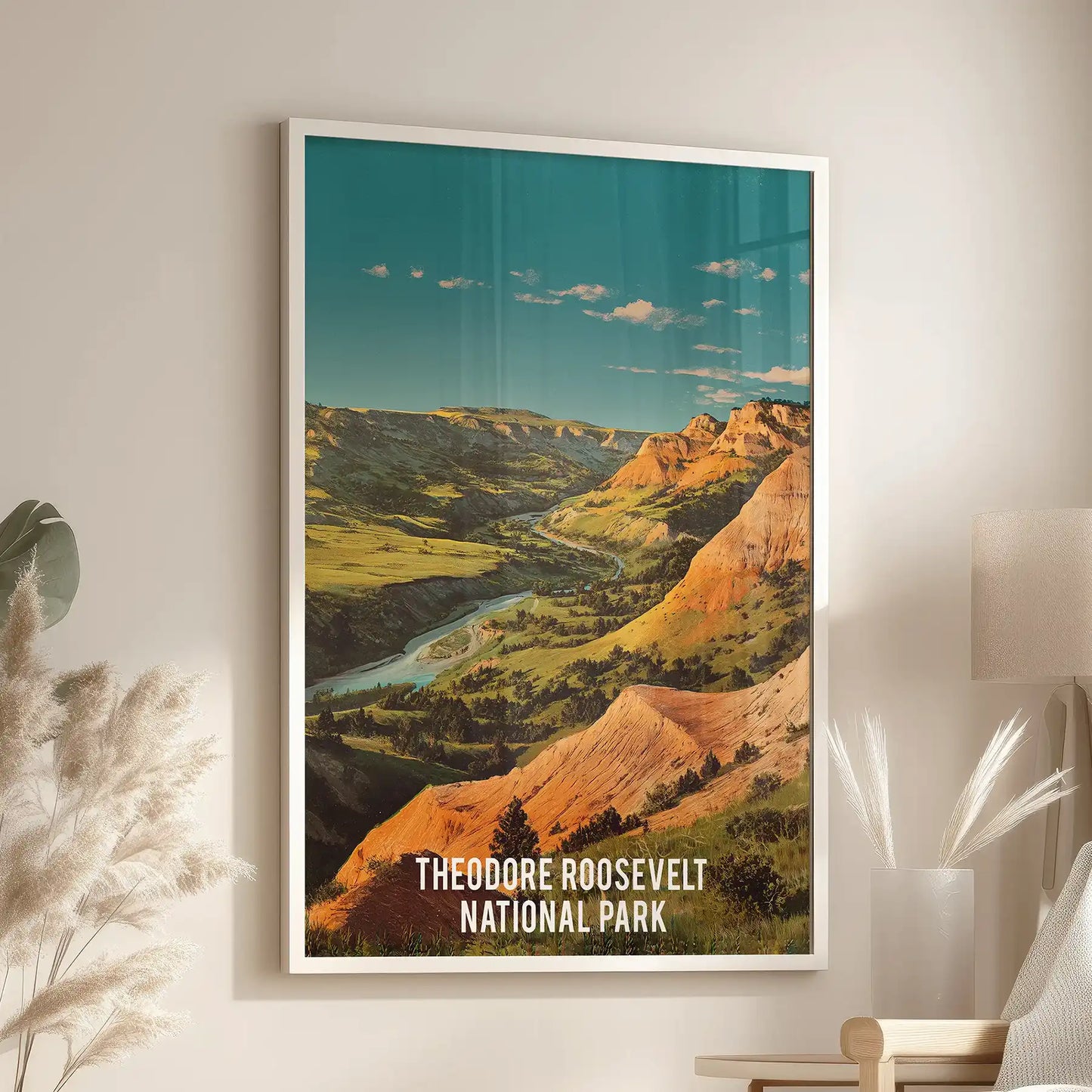 American Badlands landscape poster print sets an inviting tone in the family room, hanging over the chair in a clean white frame.