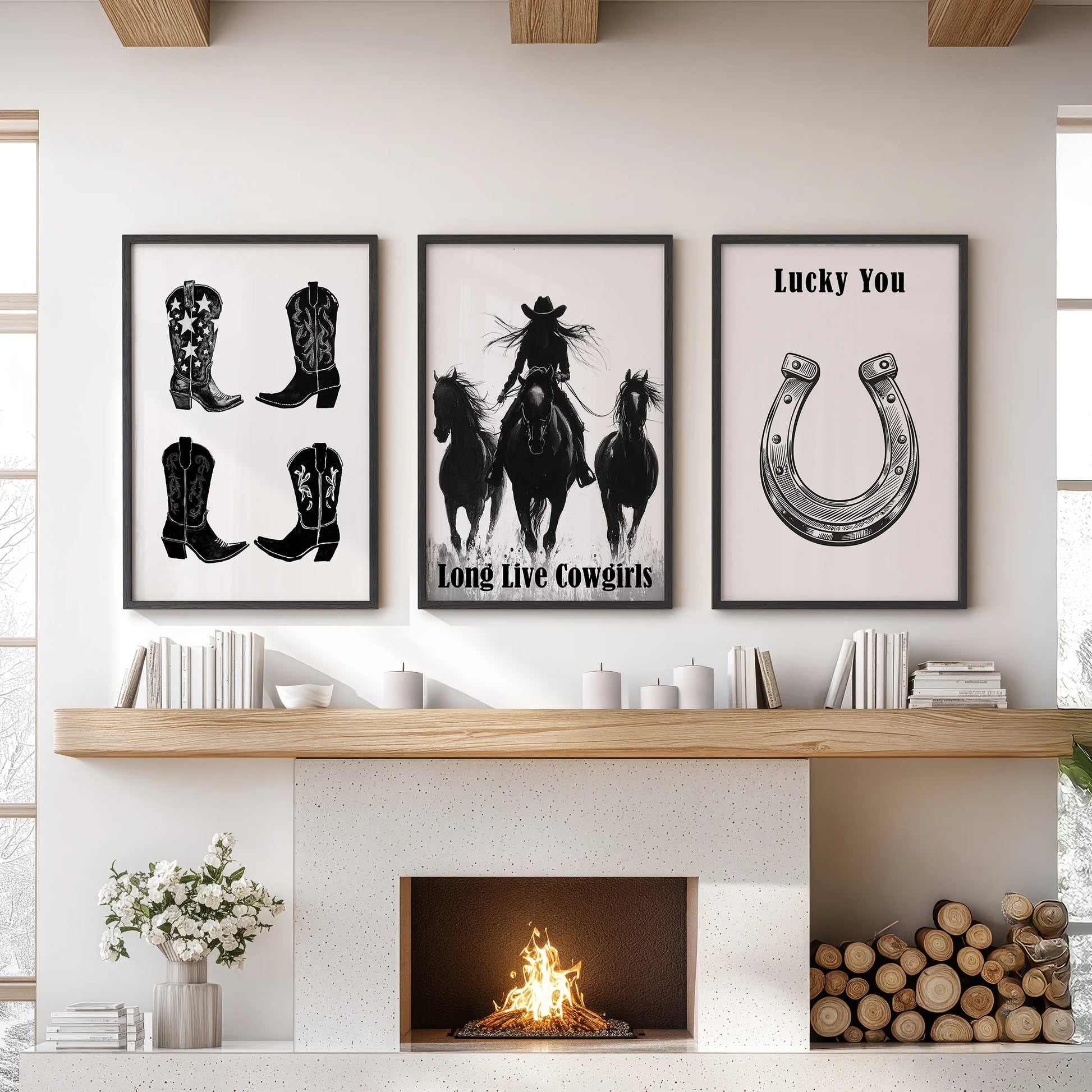 Cowgirl boots art prints, three-piece wall art set, anchor the lounge above the mantle in slim black frames, bringing retro Western charm to the room.
