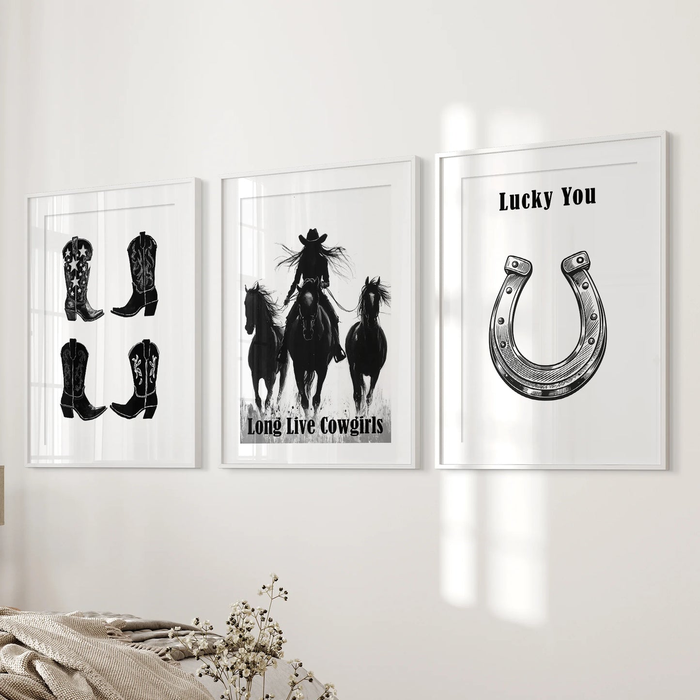 Retro Western icons in black and white, a 3-piece wall art set, refine the bedroom wall in white frames with mats for a crisp, gallery feel.
