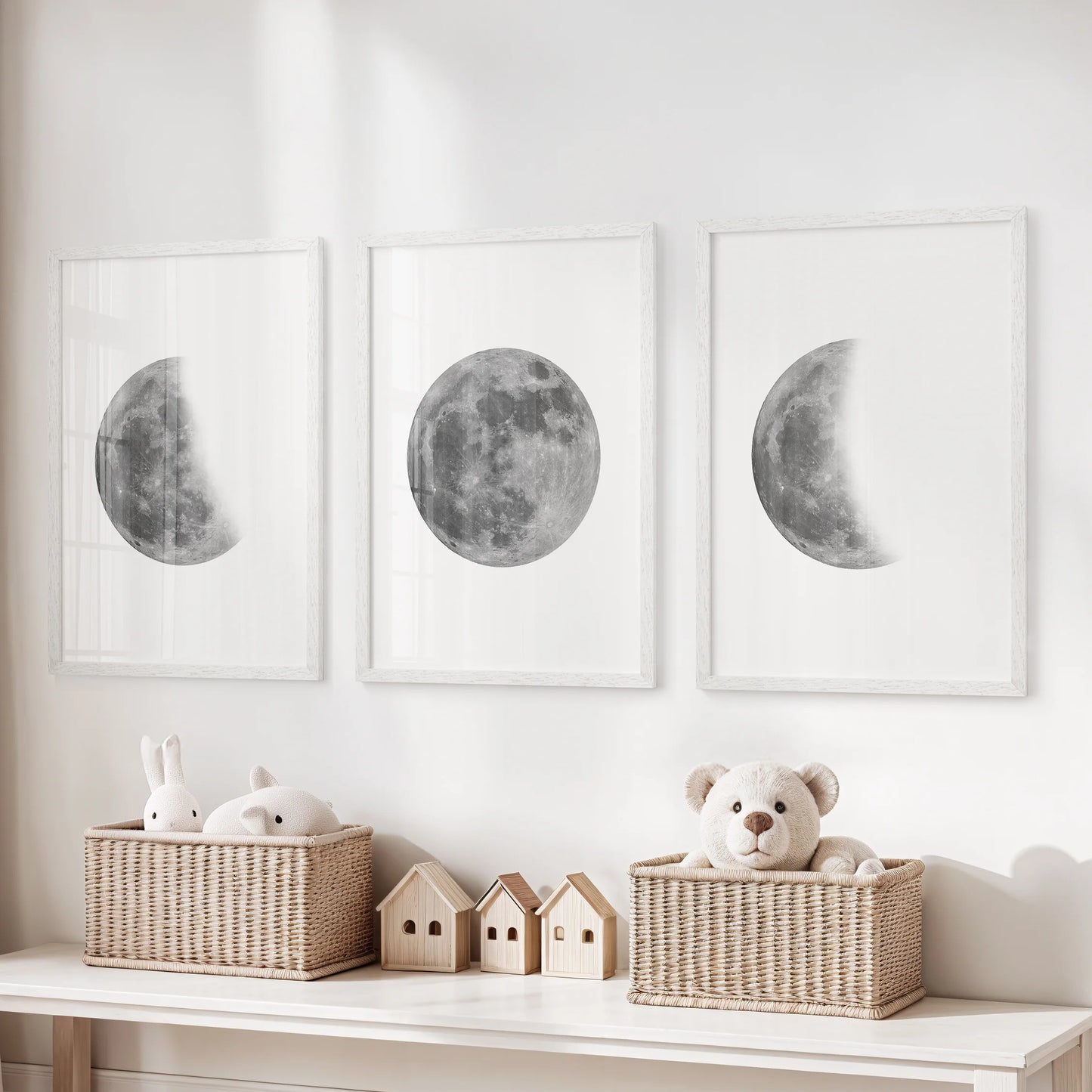 Lunar cycle trio 3-piece wall art set in bright white frames brings gentle celestial prints to the kids room, sparking curiosity without clutter.