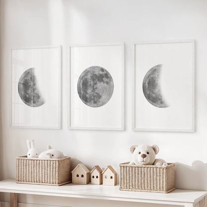 Lunar cycle trio 3-piece wall art set in bright white frames brings gentle celestial prints to the kids room, sparking curiosity without clutter.
