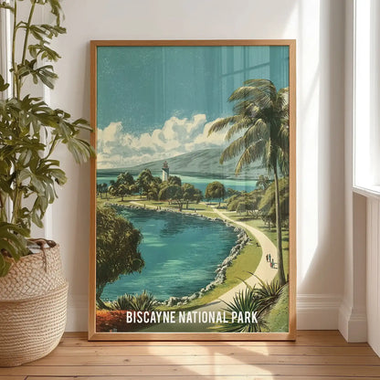 Light-oak framed wall decor shows a lush green bay, propped in a bedroom for relaxed style with glossy waters and palm-lined shallows.