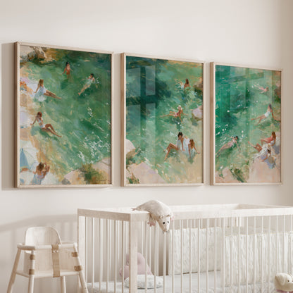 Mediterranean Beach Set of 3 Prints. Ocean Swimmer Wall Art