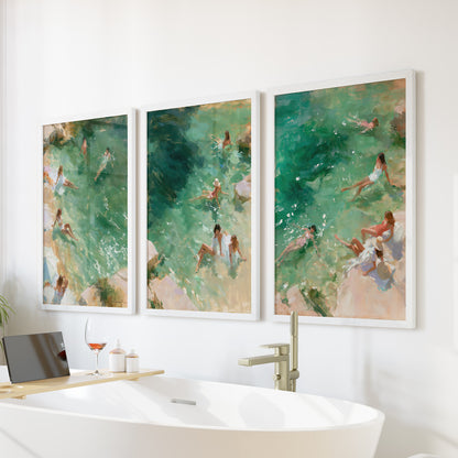 Mediterranean Beach Set of 3 Prints. Ocean Swimmer Wall Art