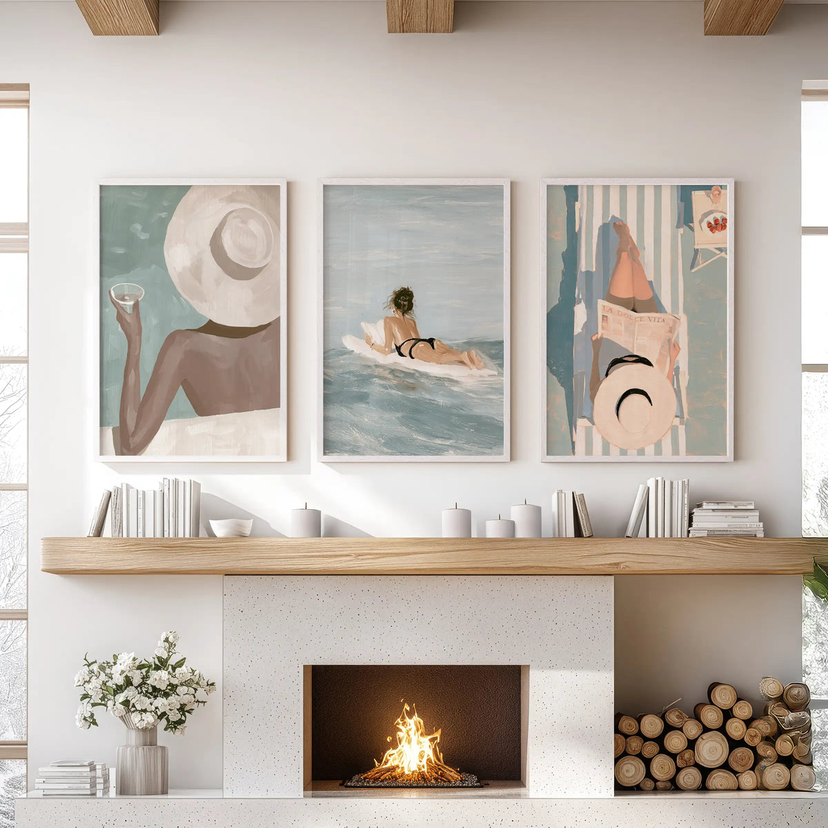 Coastal fashion set of three wall posters in white frames, displayed over the fireplace mantel in a living room.