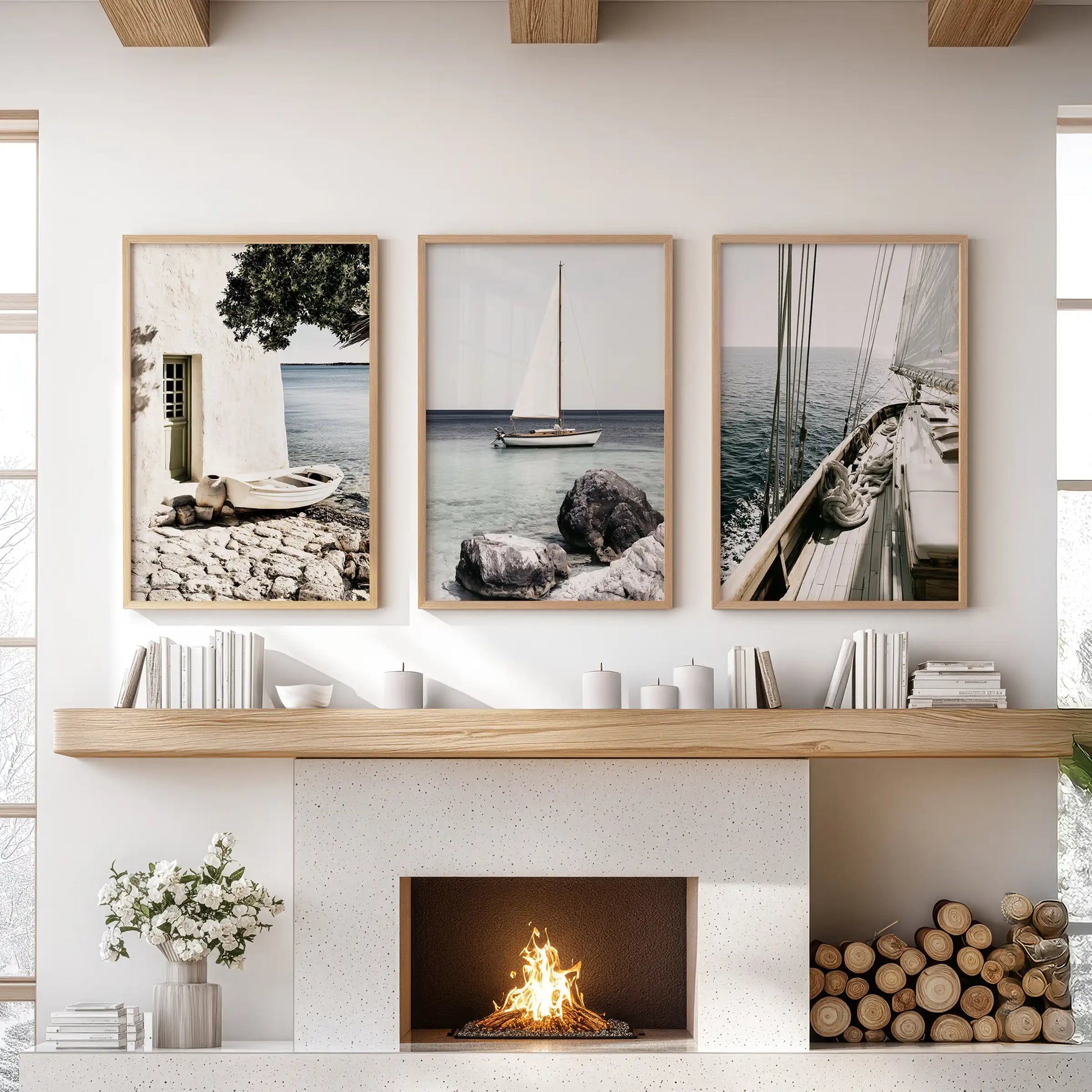 European seaside village prints, three piece artwork, arrive in light wood frames for the living room and sit above the mantelpiece to anchor a luxe coastal mood.