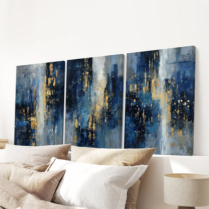 Luxury modern blue-and-gold triptych, a 3-panel unframed canvas set, displayed over the headboard to lend bold texture to the bedroom.