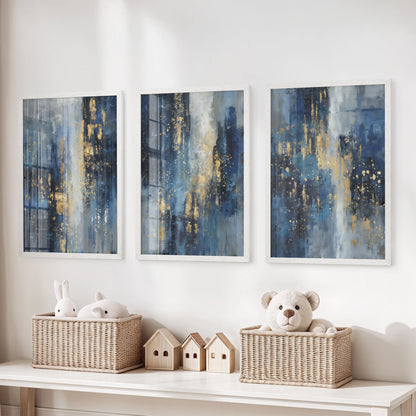 Three white-framed wall art prints in blue-and-gold tones hang over the toy storage bench, adding artful glow to the kids playroom.