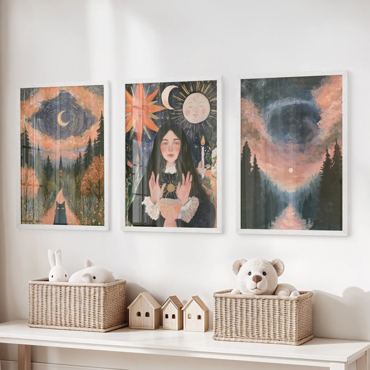 Enchanted woodland-at-night print set of 3 in white frames floats over the playroom’s toy-storage bench, adding storybook shadows and starlit whimsy.