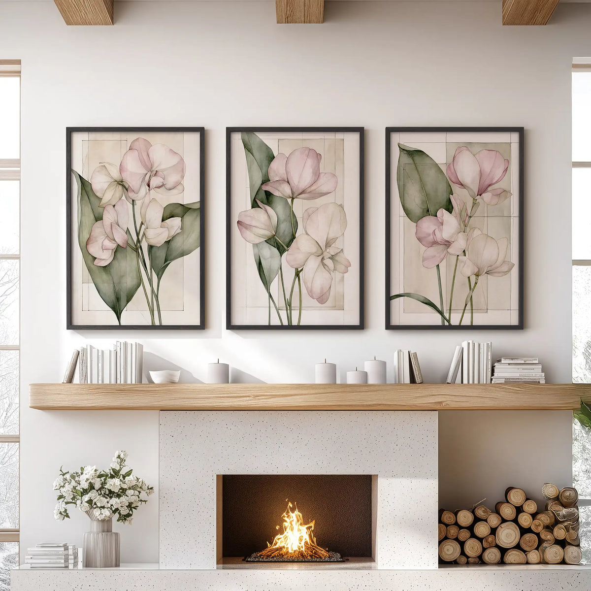 Pink petals with fine outlines and long green leaves overlap faint rectangular lines in three black-framed prints above a fireplace.