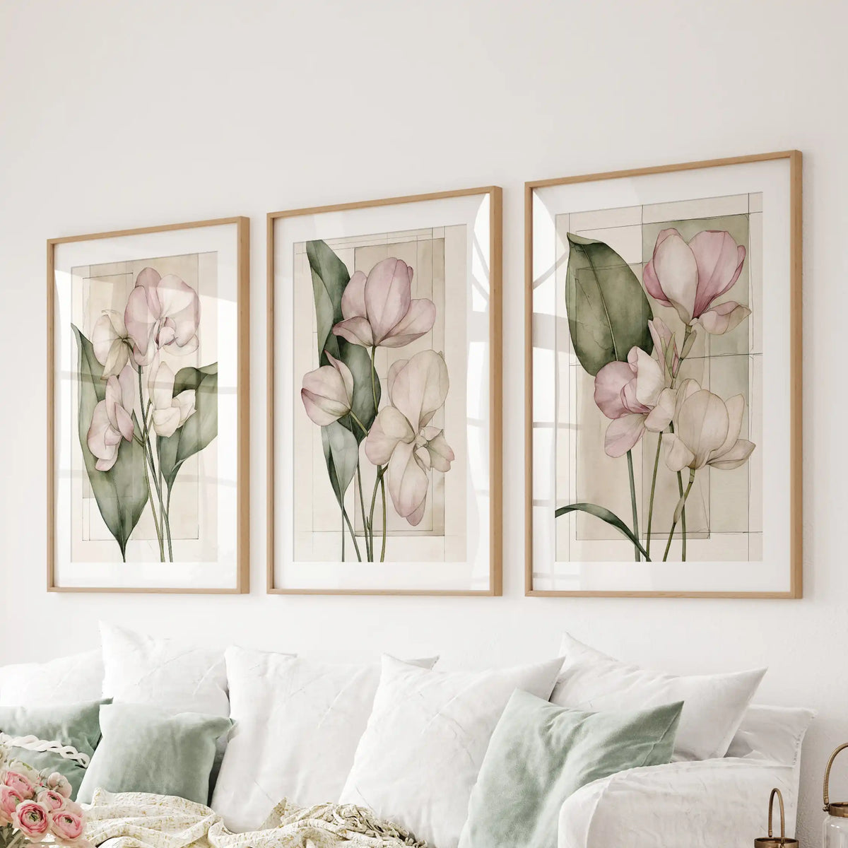 Pale pink petals and dark leaves fill three prints above a sofa, with white mats around the cream backgrounds inside oak frames.