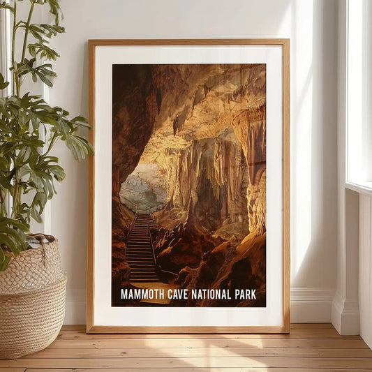 Mammoth Cave National Park individual wall art rests by the bedroom window in a black mat frame, its cavern vistas soaking up the light while it awaits the wall.